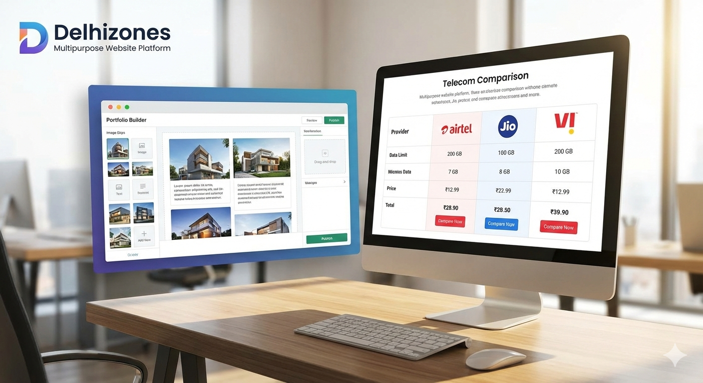 Delhizones portfolio builder and telecom comparison tools on multipurpose website platform