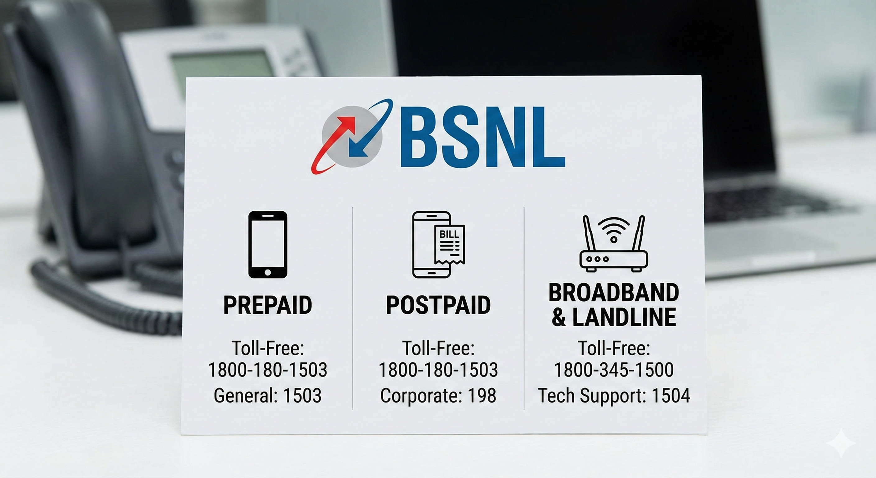BSNL customer care number and helpline numbers for prepaid, postpaid, and broadband services