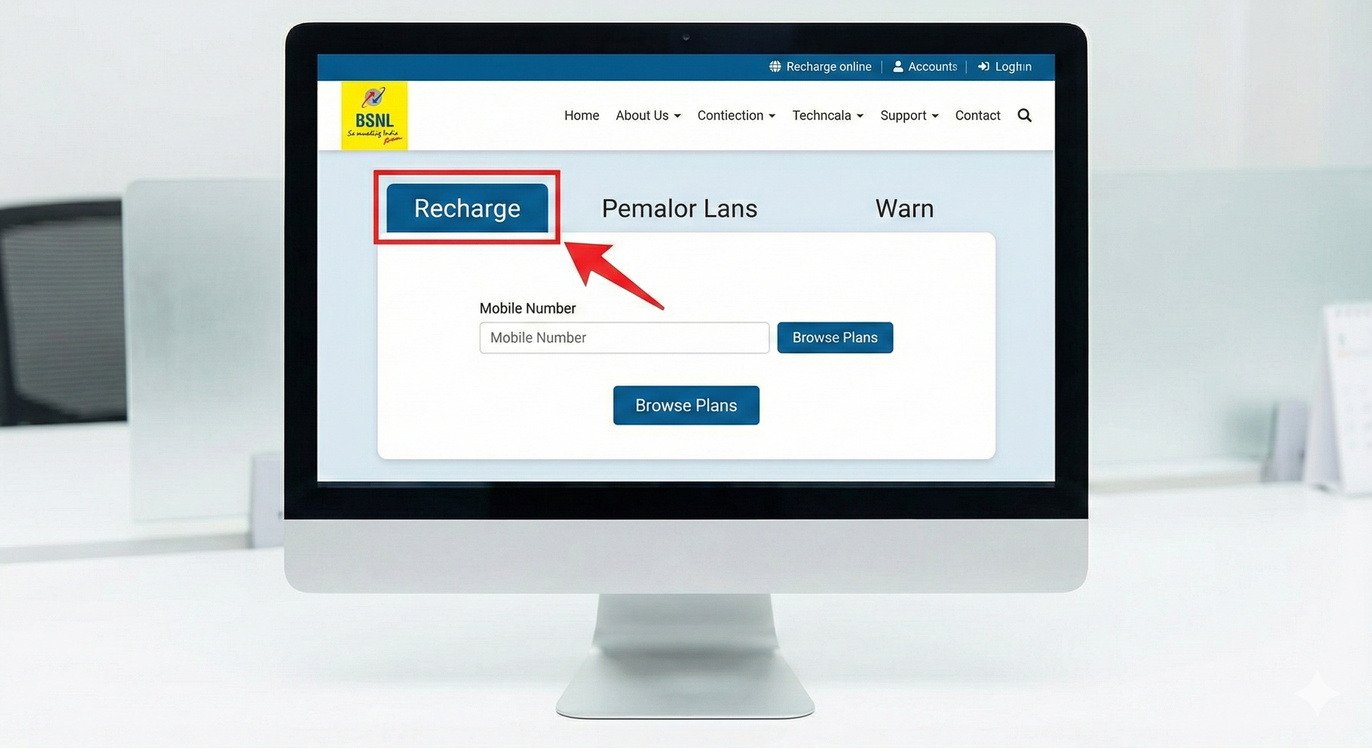 BSNL portal homepage showing recharge option
