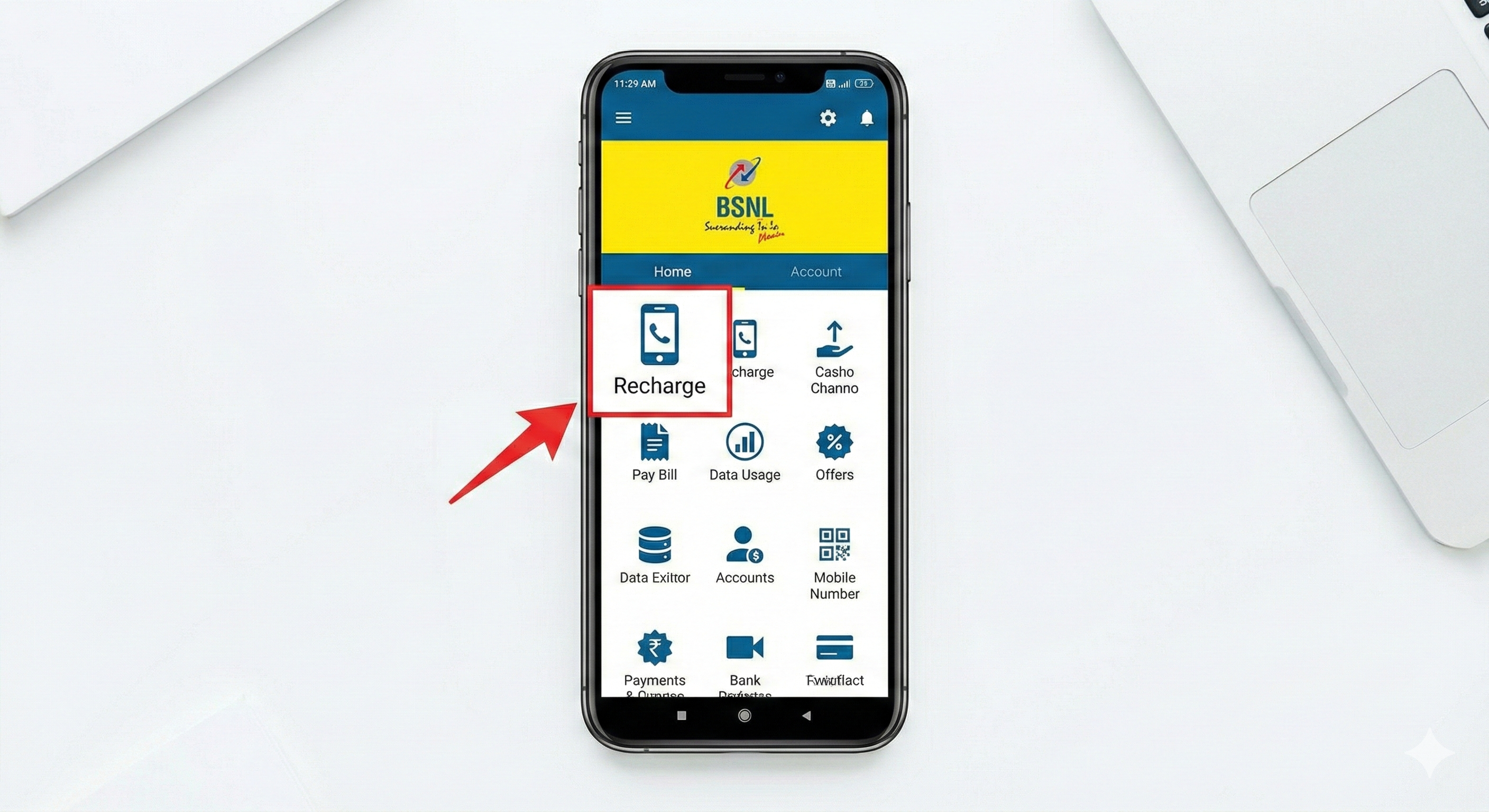 BSNL mobile app home screen with recharge option